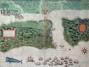 1586年7月7日、フランシスドレイク卿（1540-96）1589が指揮したイギリス艦隊によるフロリダのセントオーガスティンの植民地の破壊を描いた地図（手描きの彫刻）